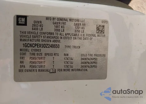 2013 Chevrolet Silverado 1500 Work Truck z USA, uszkodzony, nr VIN 1GCNCPEX9DZ248650